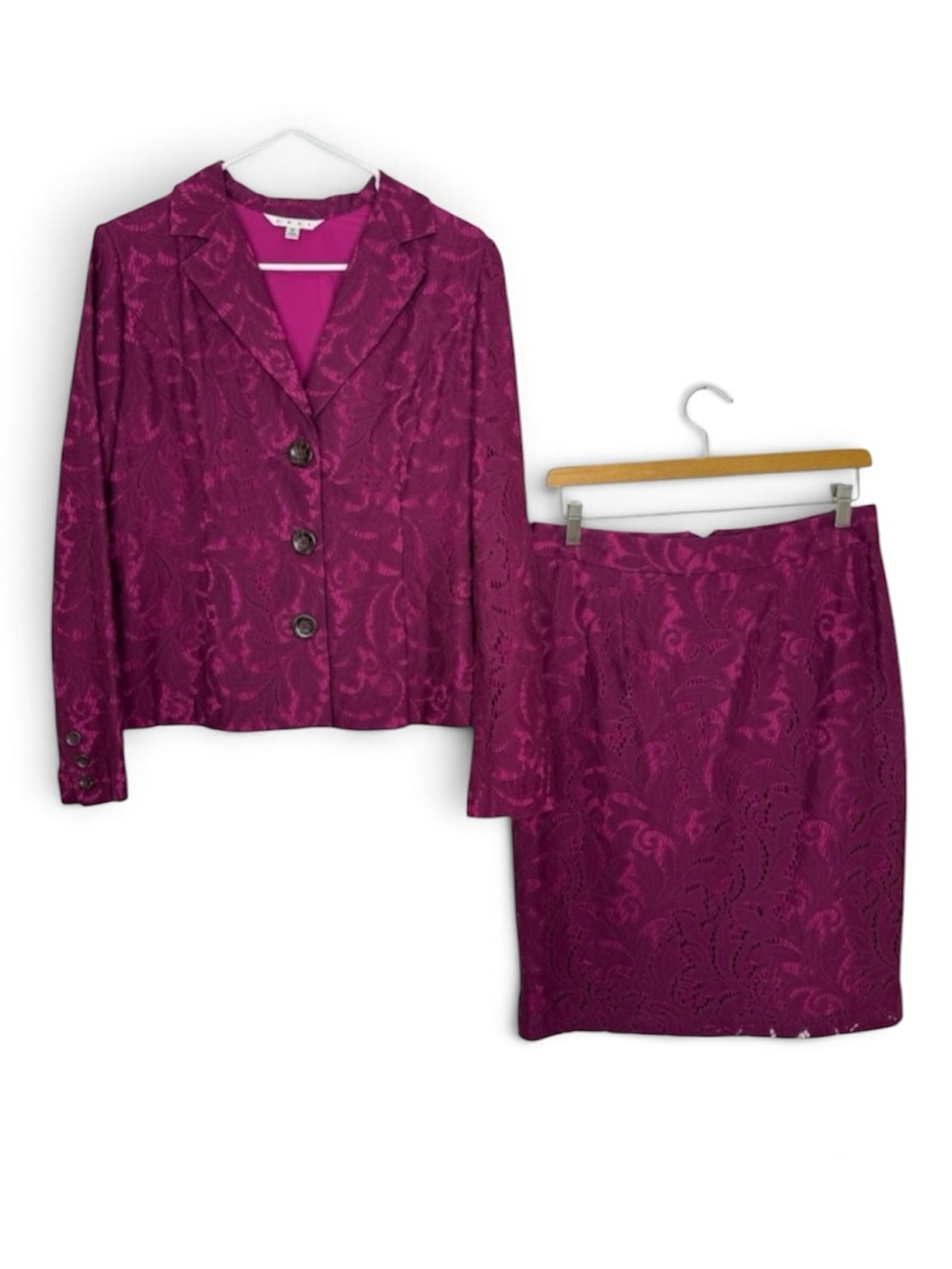 CAbi Frollic Plumberry Lace Blazer & Pencil Skirt Set Size 6 Fuchsia Magenta